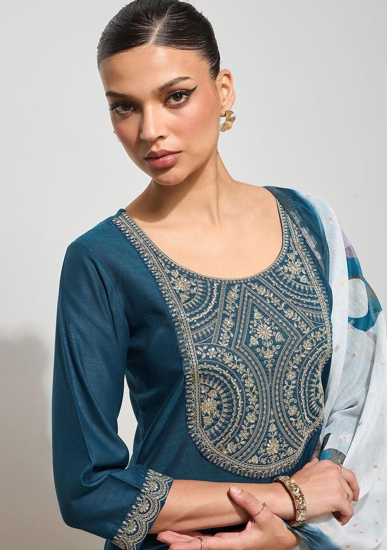 Teal Embroidered Cotton Kurta Set - Indya