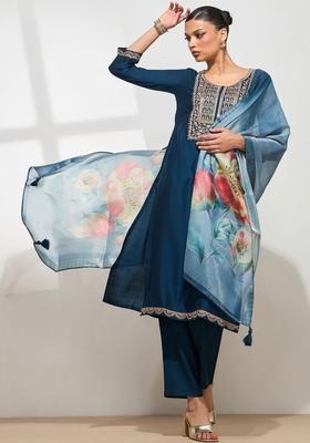 Teal Embroidered Silk Kurta Set