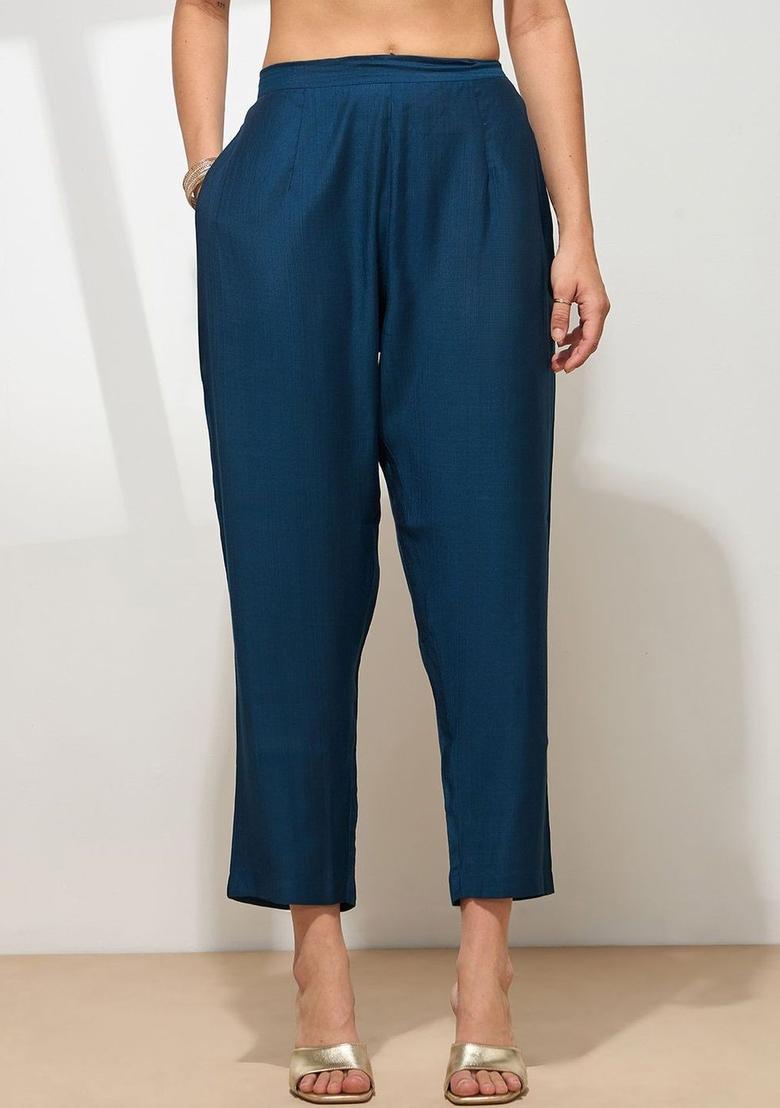 Teal Embroidered Silk Kurta Set - Indya