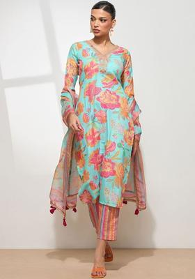 Turquoise Blue Printed Silk Kurta Set