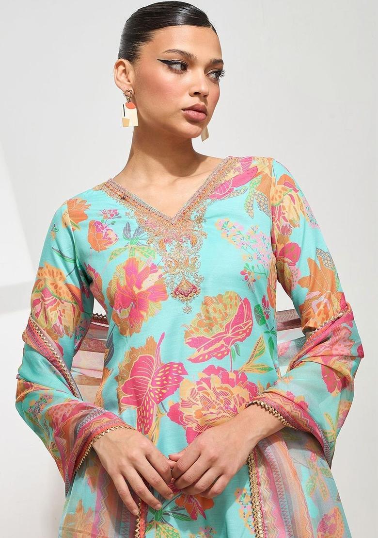 Turquoise Blue Printed Silk Kurta Set - Indya