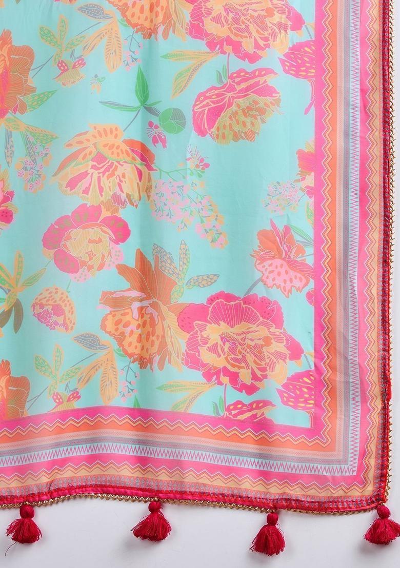 Turquoise Blue Printed Silk Kurta Set - Indya