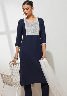 Navy Blue Embroidered Cotton Kurta Set