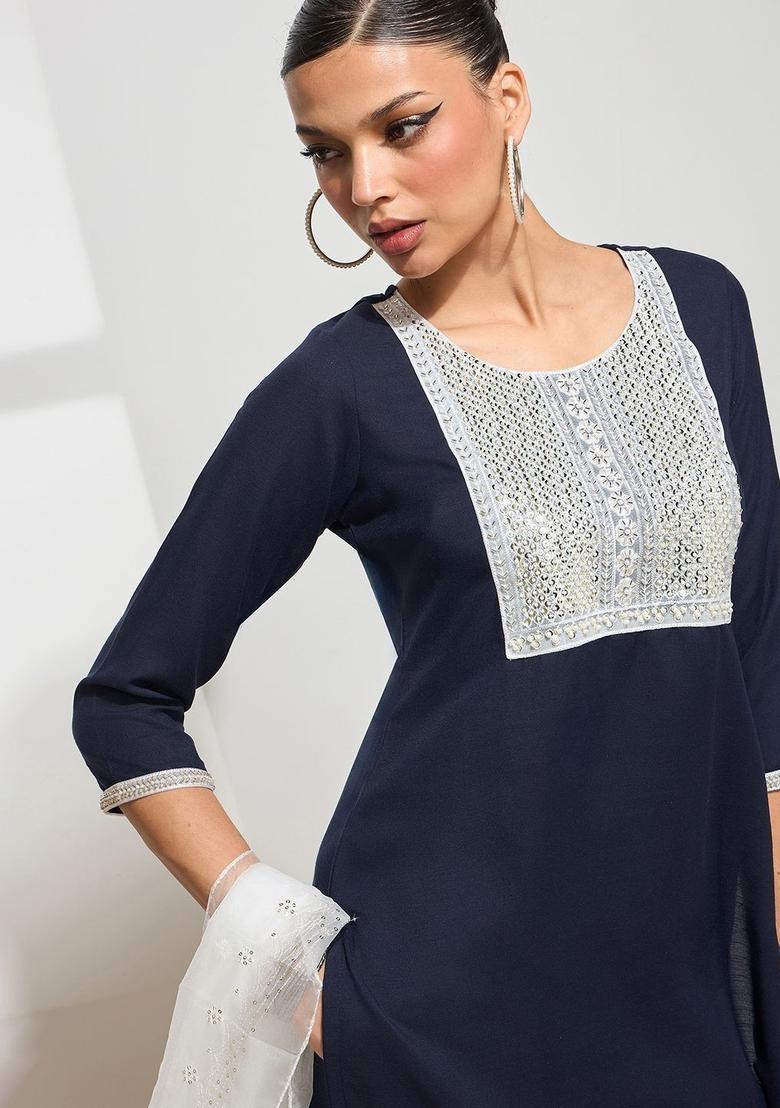 Navy Blue Embroidered Cotton Kurta Set - Indya