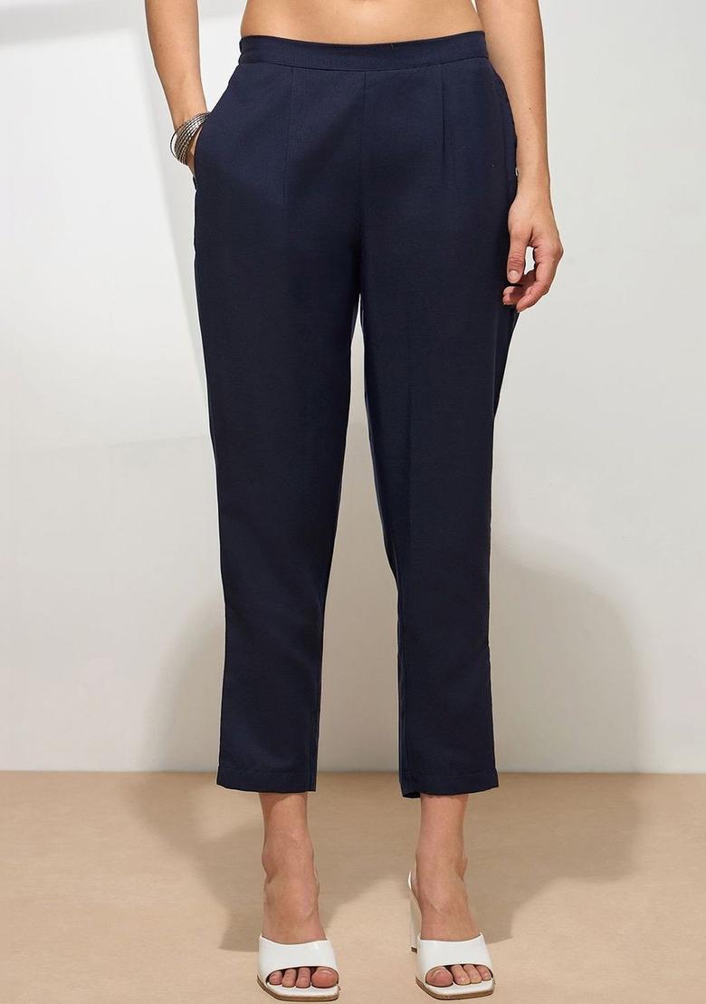 Navy Blue Embroidered Cotton Kurta Set - Indya