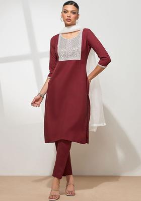 Maroon Embroidered Cotton Kurta Set