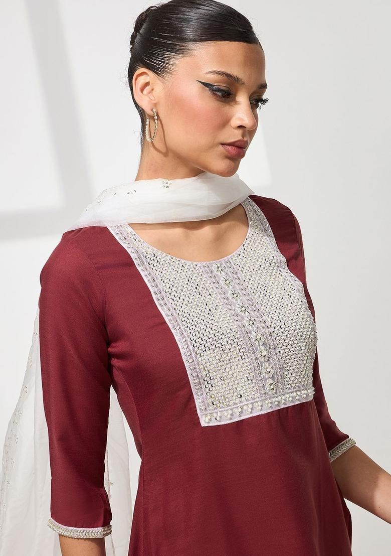 Maroon Embroidered Cotton Kurta Set - Indya