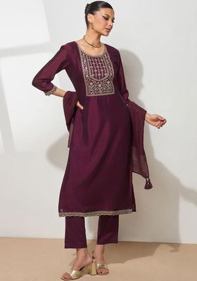 Burgundy Embroidered Silk Blend Kurta Set