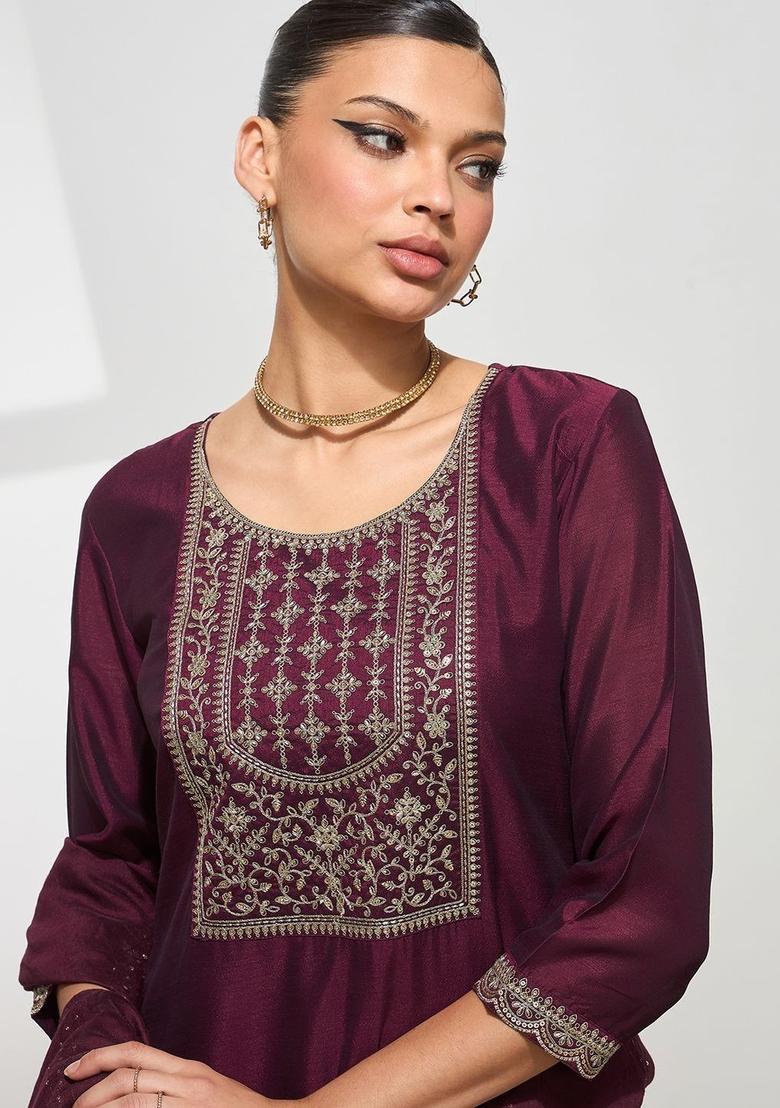 Burgundy Embroidered Silk Kurta Set - Indya