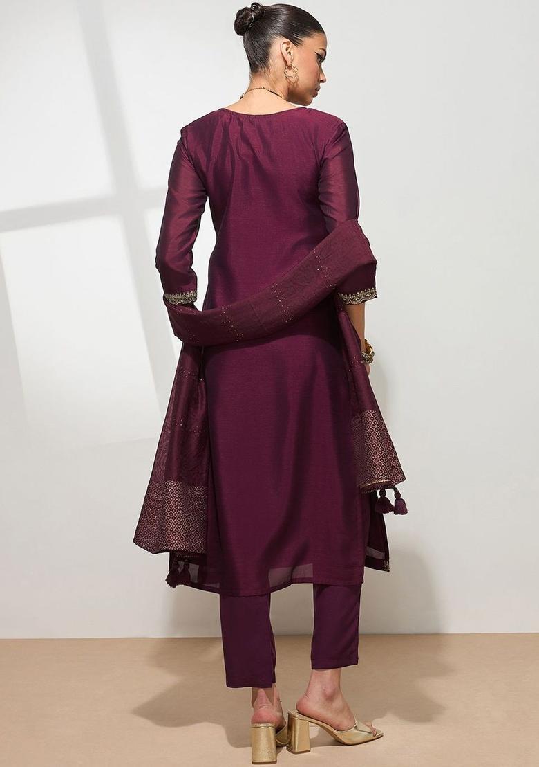 Burgundy Embroidered Silk Kurta Set - Indya