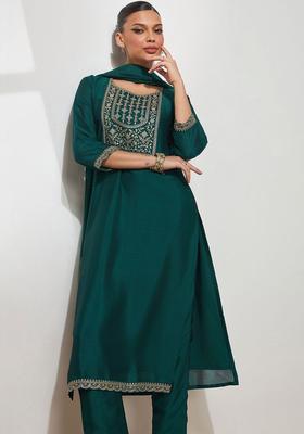 Green Embroidered Silk Kurta Set