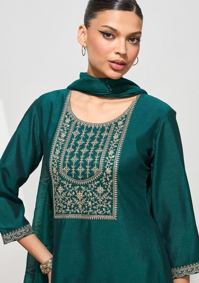 Green Embroidered Silk Kurta Set - Indya