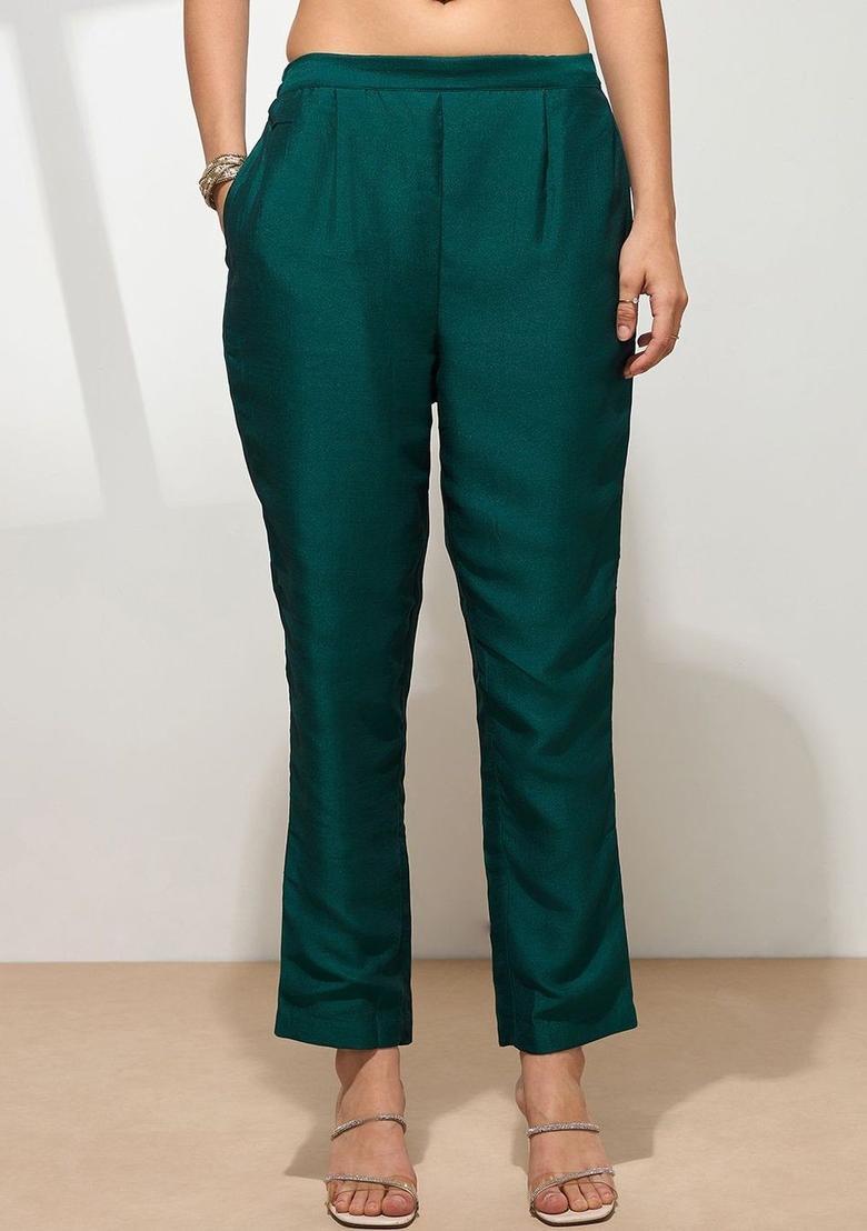 Green Embroidered Silk Kurta Set - Indya