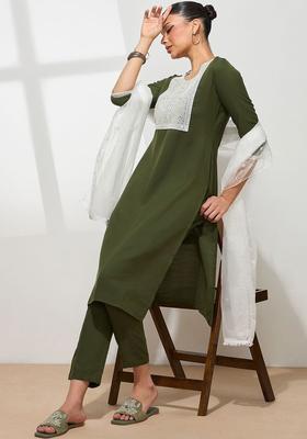 Olive Embroidered Cotton Kurta Set