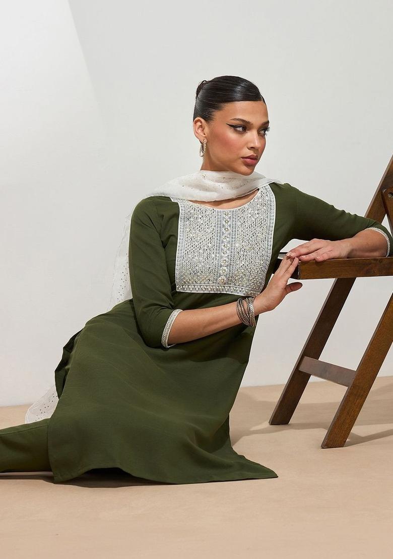 Olive Embroidered Cotton Kurta Set - Indya