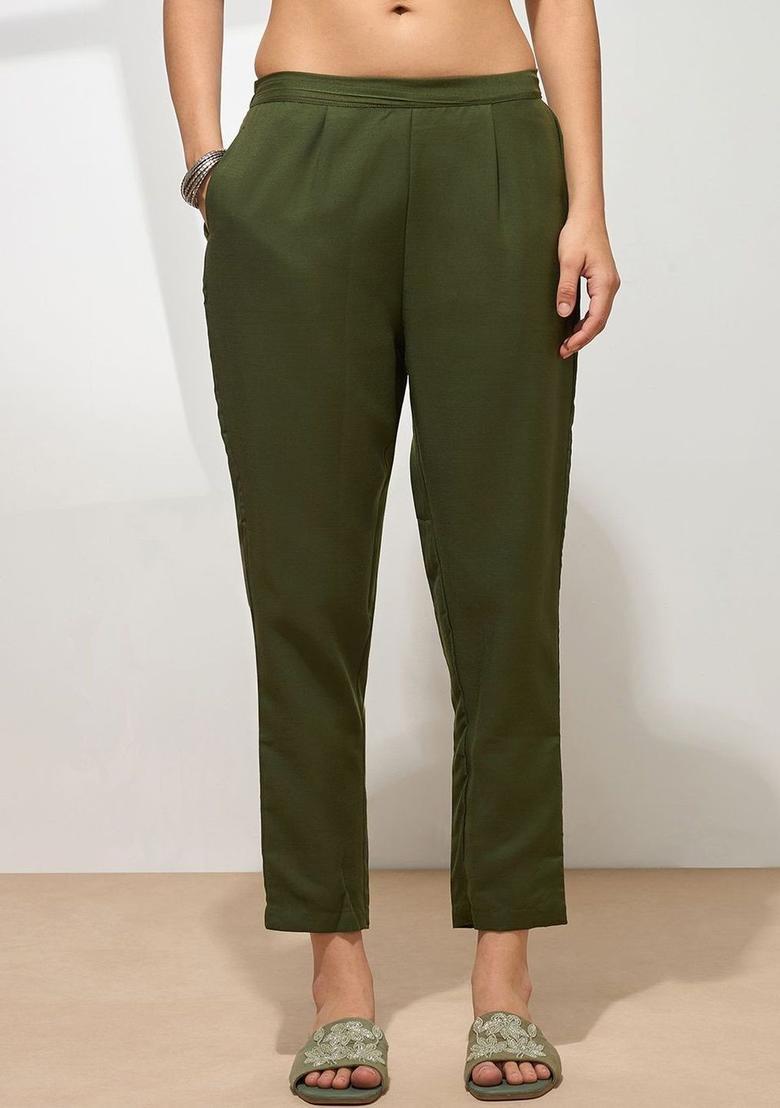 Olive Embroidered Cotton Kurta Set - Indya