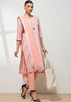 Peach Printed Cotton Kurta Set