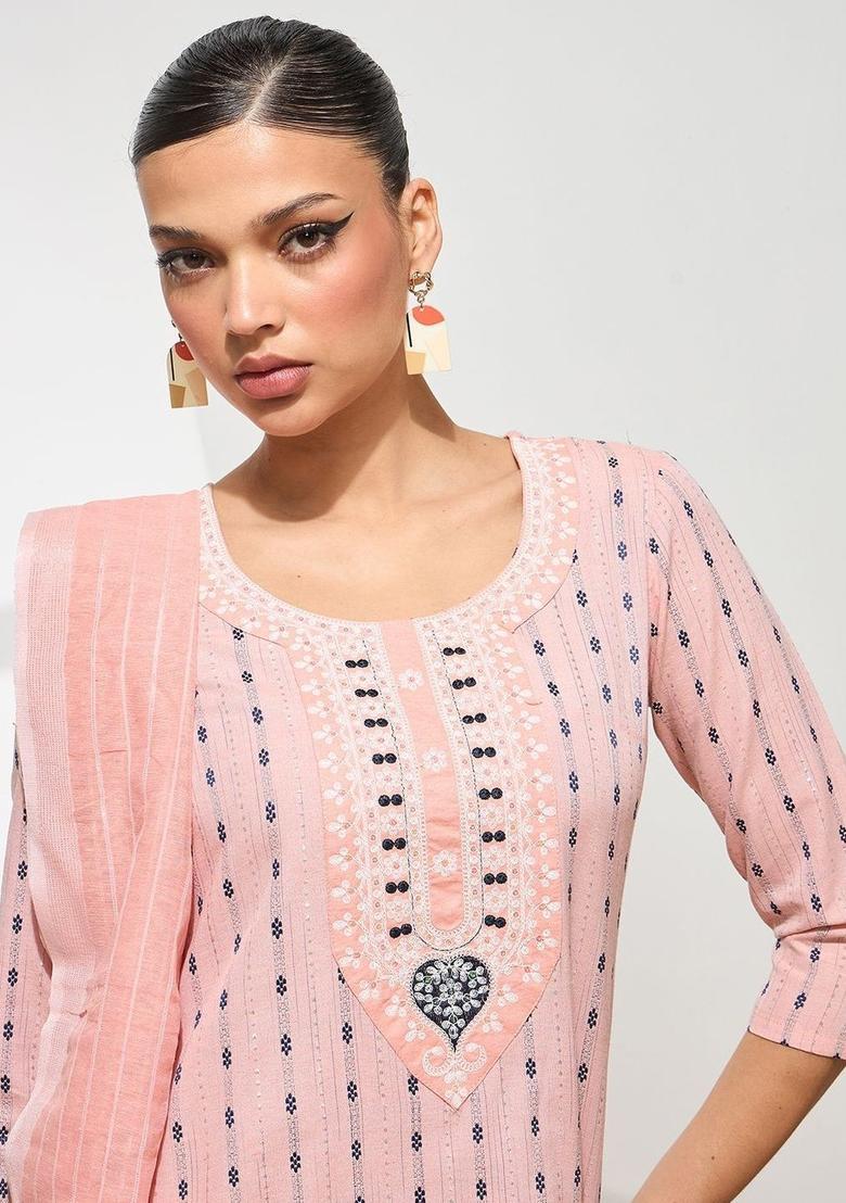 Peach Printed Cotton Kurta Set - Indya