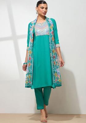 Teal Embroidered Silk Kurta Set
