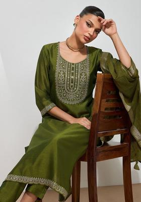 Olive Embroidered Silk Kurta Set