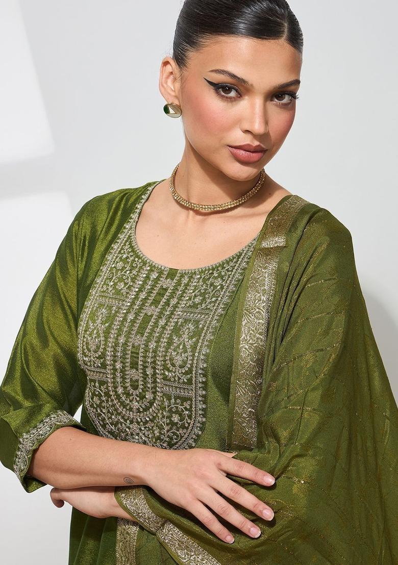 Olive Embroidered Silk Kurta Set - Indya