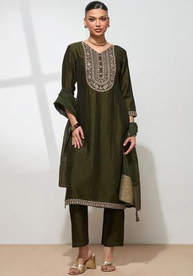 Olive Embroidered Silk Kurta Set