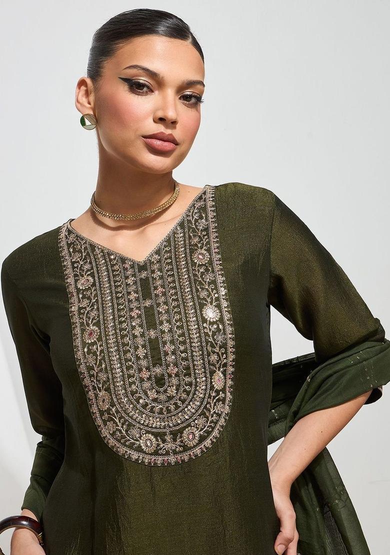 Olive Embroidered Silk Kurta Set - Indya