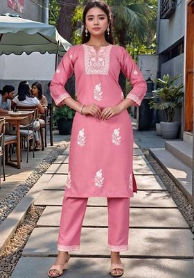 Pink Embroidered Polyester Kurta Set