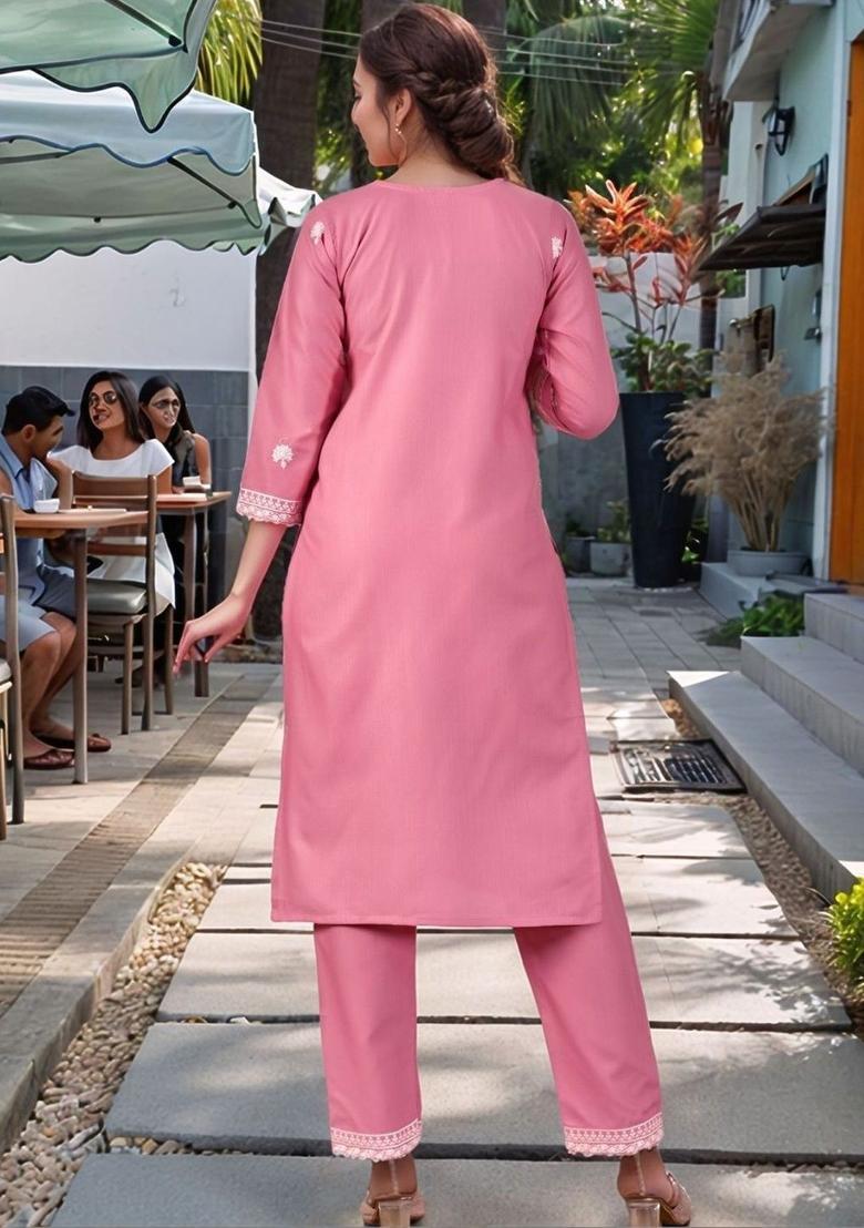 Pink Embroidered Polyester Kurta Set - Indya