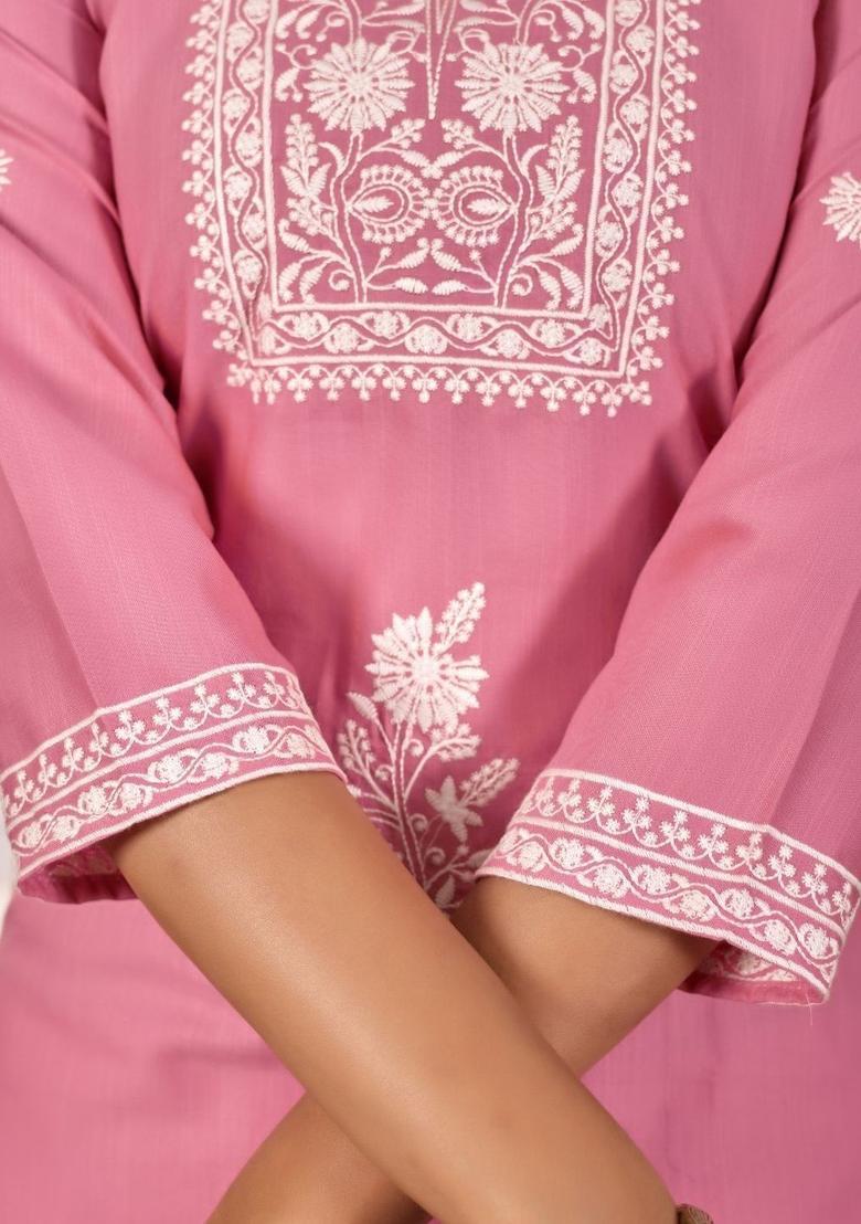 Pink Embroidered Polyester Kurta Set - Indya
