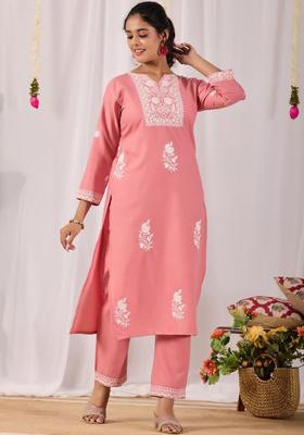 Peach Embroidered Polyester Kurta Set