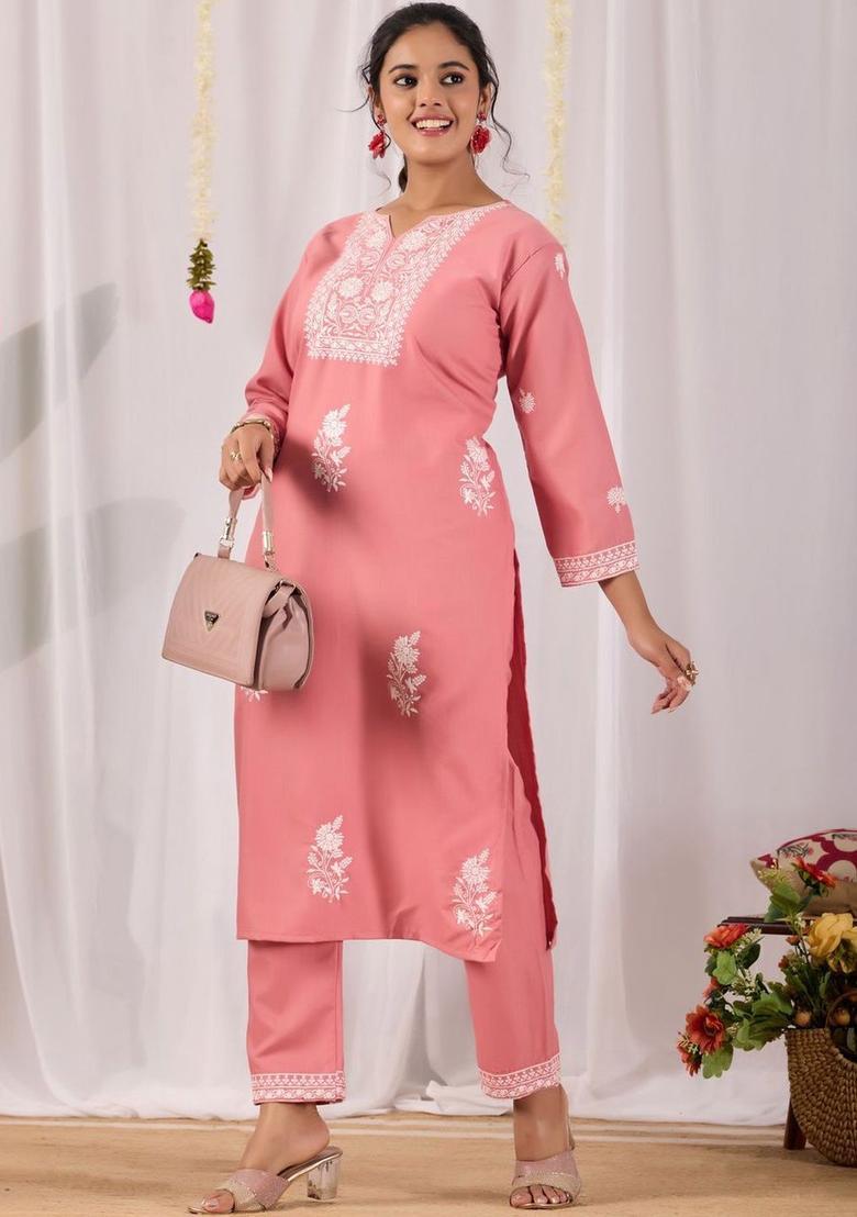 Peach Embroidered Polyester Kurta Set - Indya