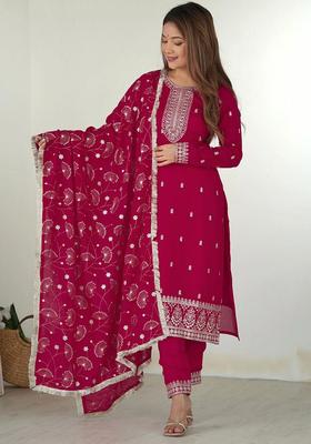 Maroon Embroidered Georgette Kurta Set