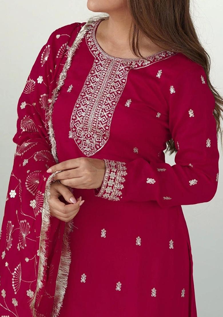 Maroon Embroidered Georgette Kurta Set - Indya
