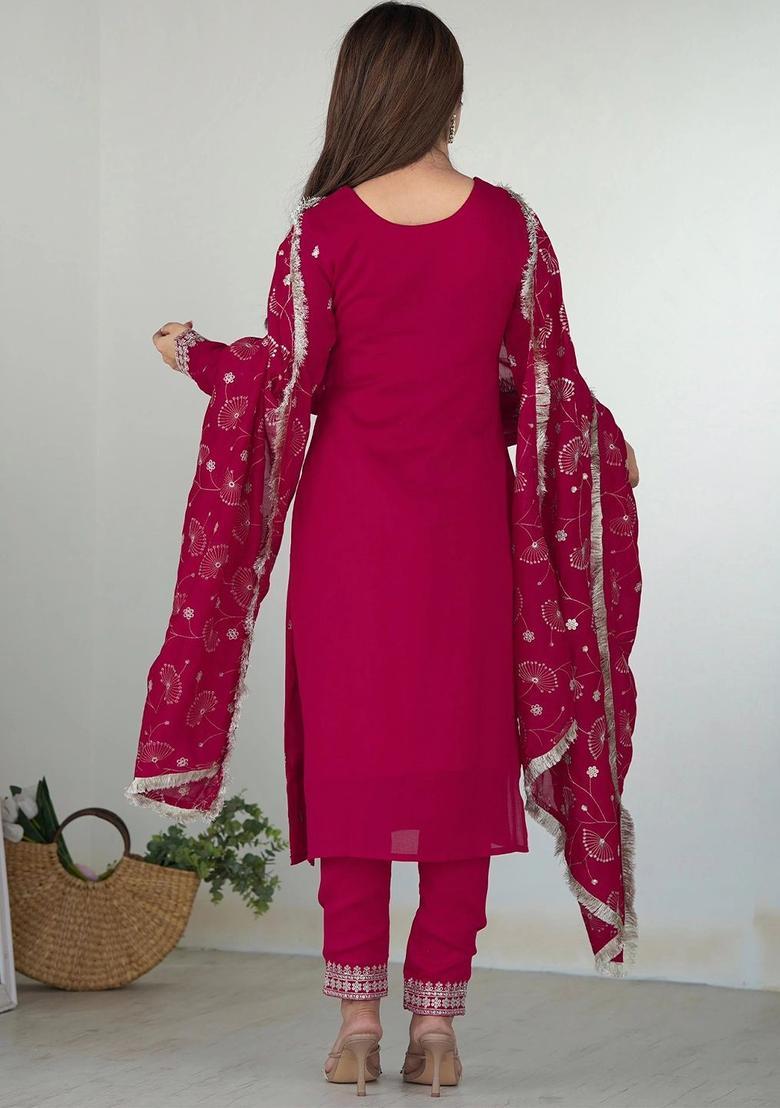 Maroon Embroidered Georgette Kurta Set - Indya