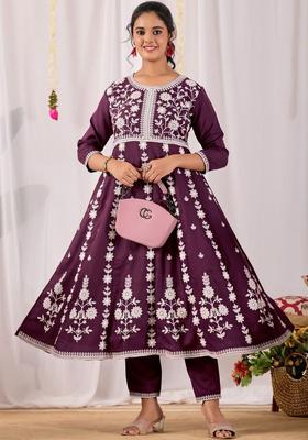 Purple Embroidered Viscose Kurta Set