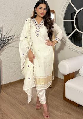 Cream Embroidered Silk Kurta Set