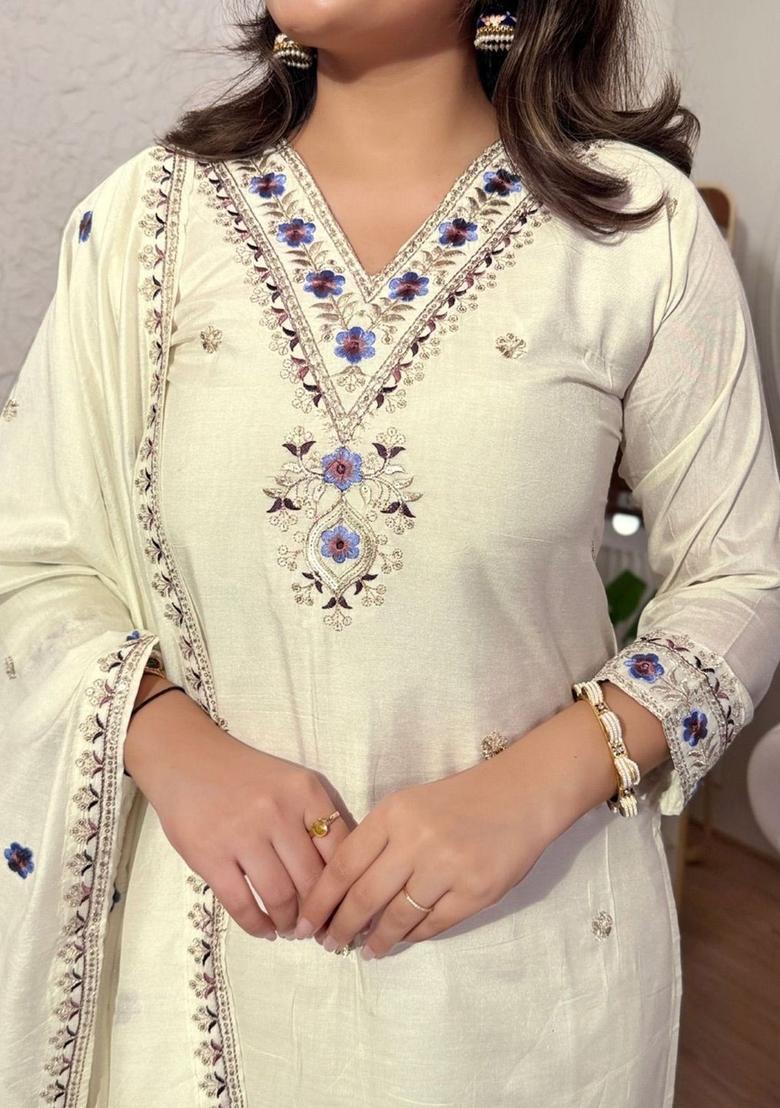 Cream Embroidered Silk Kurta Set - Indya