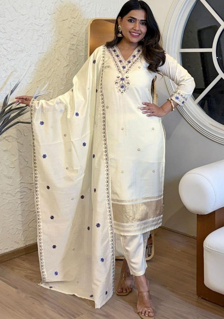 Cream Embroidered Silk Kurta Set - Indya