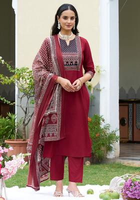 Maroon Printed Cotton Kurta Set