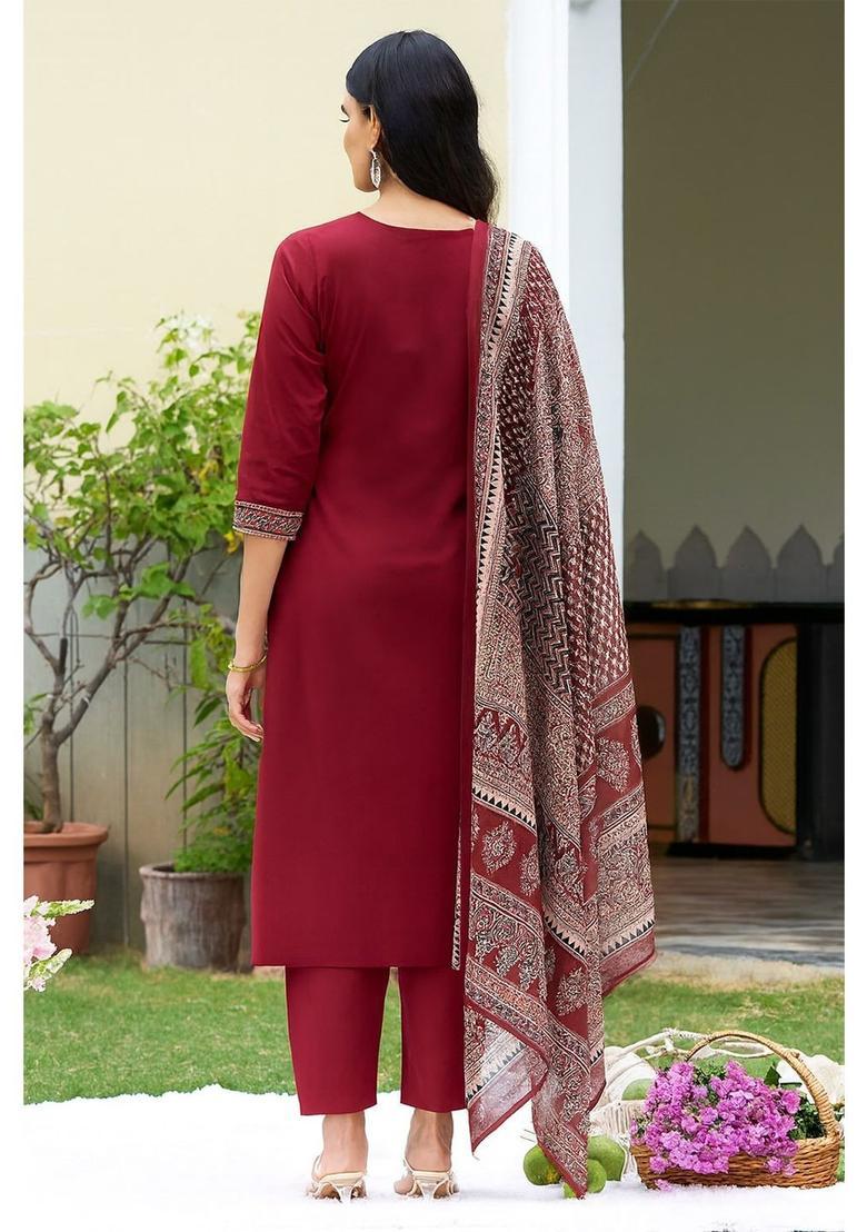 Maroon Printed Cotton Kurta Set - Indya