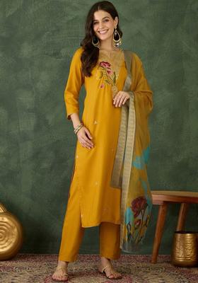 Mustard Self Design Viscose Kurta Set