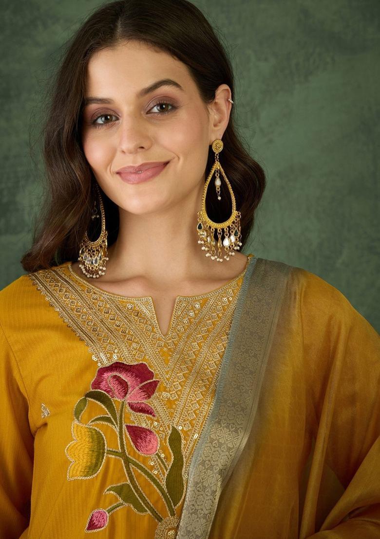 Mustard Self Design Viscose Kurta Set - Indya