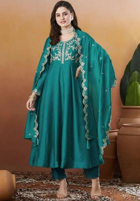 Teal Embroidered Silk Kurta Set