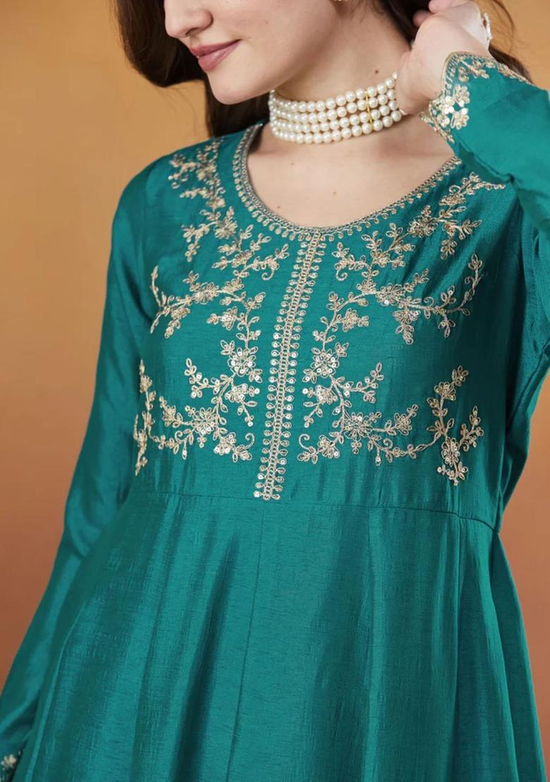 Teal Embroidered Silk Kurta Set - Indya