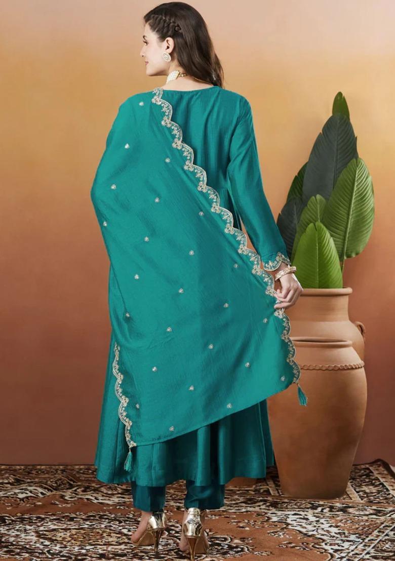 Teal Embroidered Silk Kurta Set - Indya