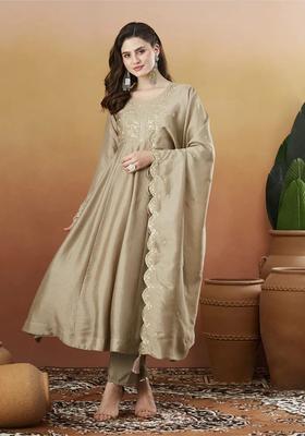 Beige Embroidered Silk Kurta Set
