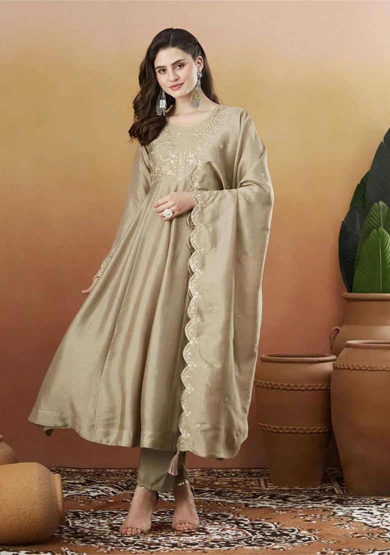 Beige Embroidered Silk Kurta Set - Indya