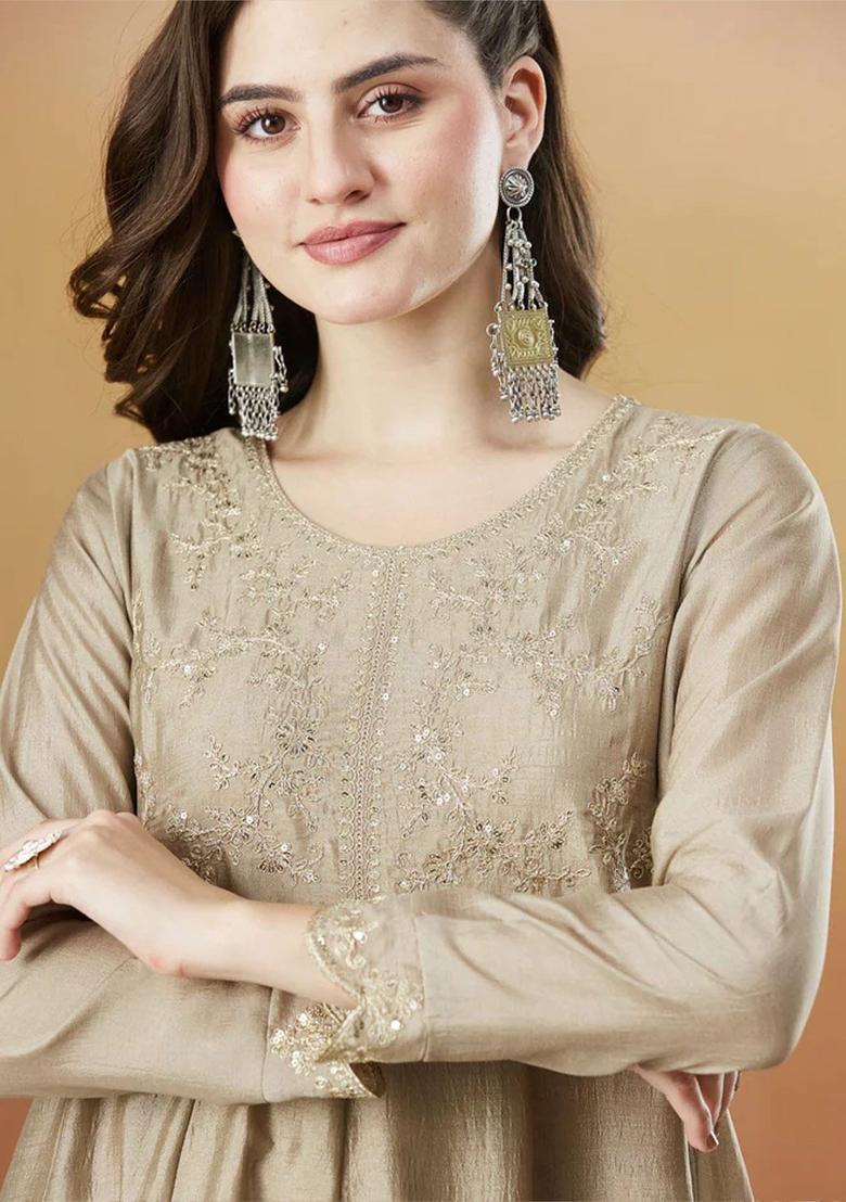 Beige Embroidered Silk Kurta Set - Indya