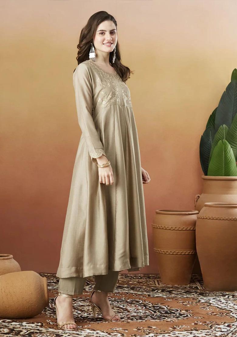 Beige Embroidered Silk Kurta Set - Indya